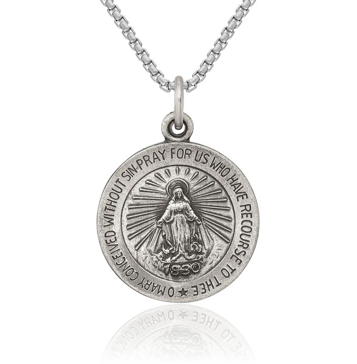 925 Sterling Silver Vintage Our Lady of Miraculous Medal Blessed Virgin Mary Necklace Chain Pendant Charm