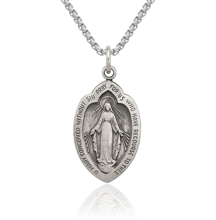 925 Sterling Silver Vintage Our Lady of Miraculous Medal Blessed Virgin Mary Necklace Chain Pendant Charm