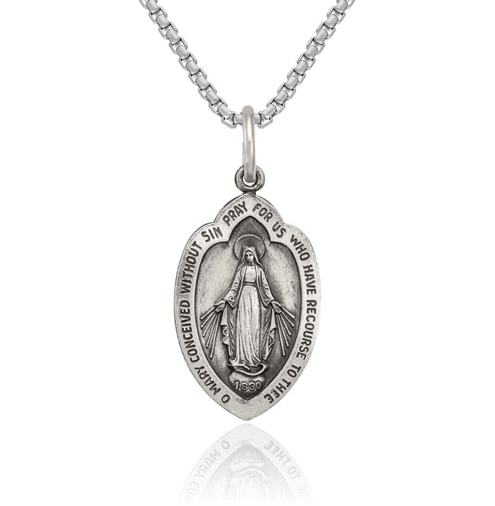 925 Sterling Silver Vintage Our Lady of Miraculous Medal Blessed Virgin Mary Necklace Chain Pendant Charm