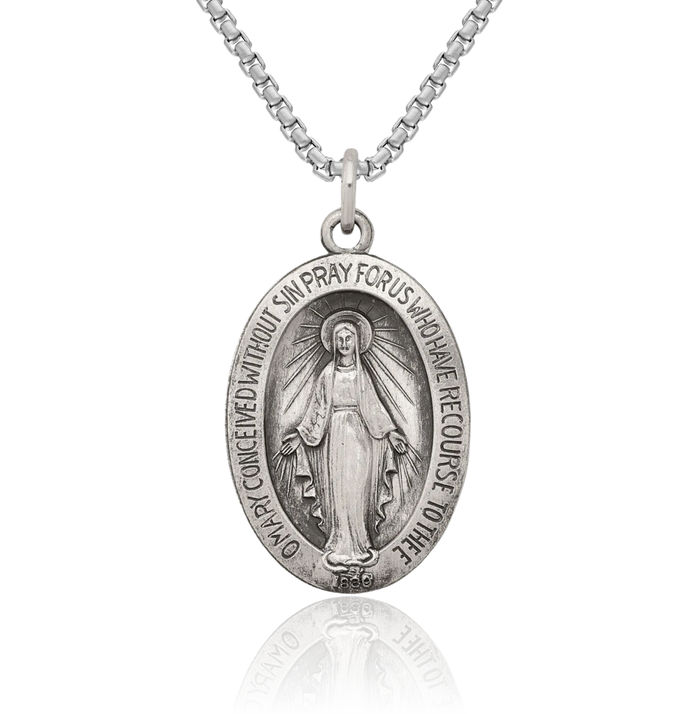 925 Sterling Silver Vintage Our Lady of Miraculous Medal Blessed Virgin Mary Necklace Chain Pendant Charm