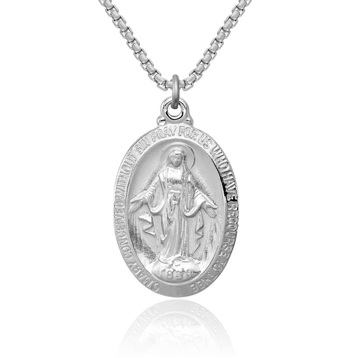 925 Sterling Silver Our Lady of Miraculous Medal Blessed Virgin Mary Necklace Chain Pendant Charm