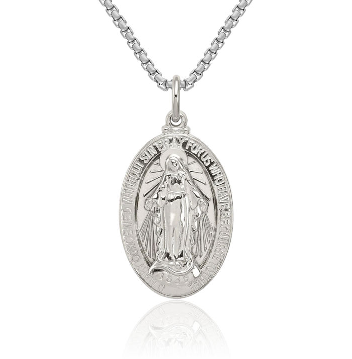 925 Sterling Silver Our Lady of Miraculous Medal Blessed Virgin Mary Necklace Chain Pendant Charm