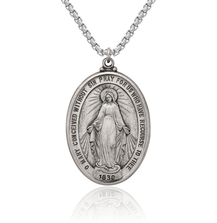 925 Sterling Silver Vintage Our Lady of Miraculous Medal Blessed Virgin Mary Necklace Chain Pendant Charm