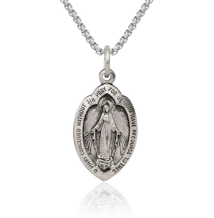 925 Sterling Silver Vintage Our Lady of Miraculous Medal Blessed Virgin Mary Necklace Chain Pendant Charm