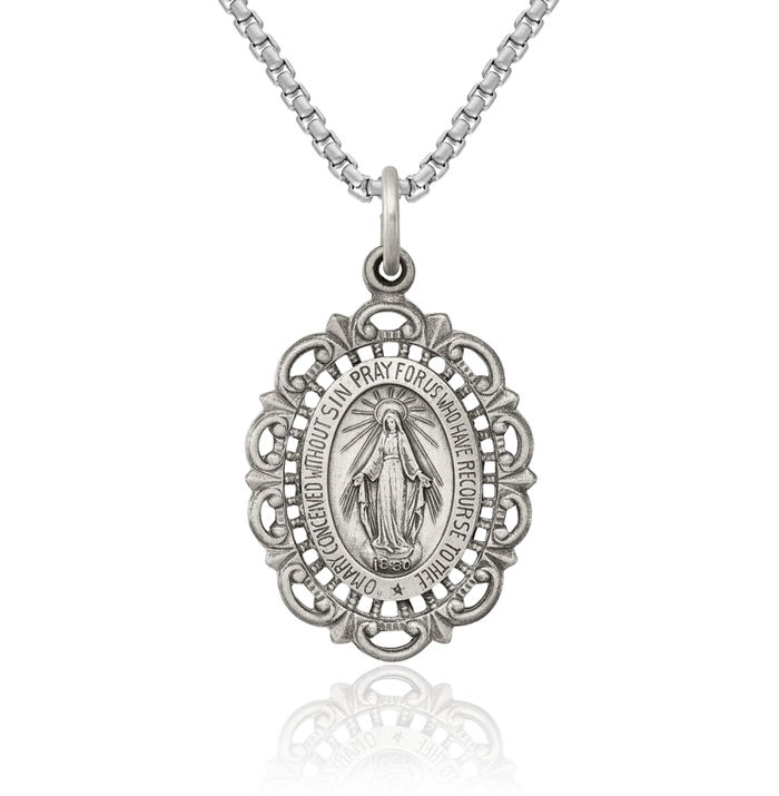 925 Sterling Silver Vintage Our Lady of Miraculous Medal Blessed Virgin Mary Necklace Chain Pendant Charm