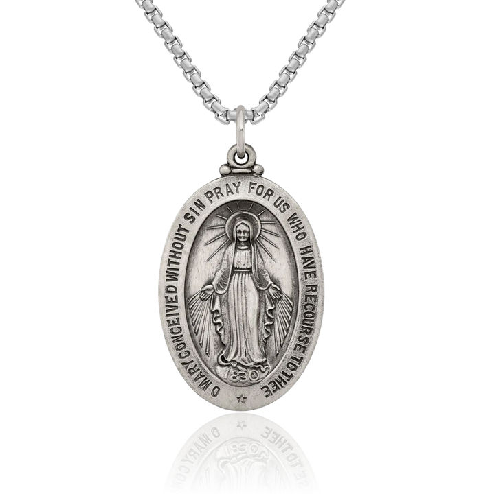 925 Sterling Silver Vintage Our Lady of Miraculous Medal Blessed Virgin Mary Necklace Chain Pendant Charm