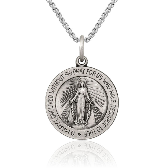 925 Sterling Silver Vintage Our Lady of Miraculous Medal Blessed Virgin Mary Necklace Chain Pendant Charm