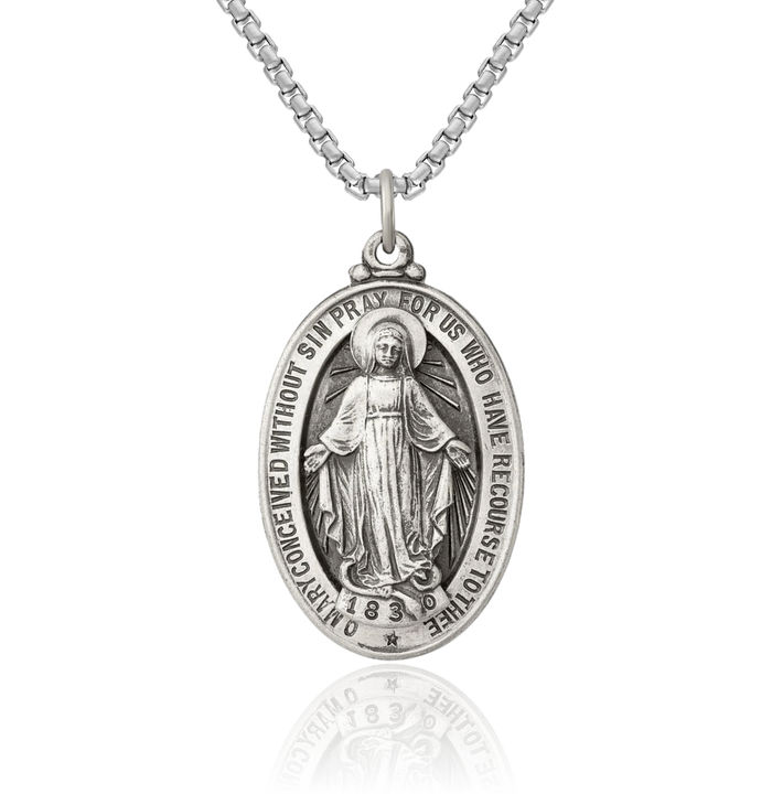 925 Sterling Silver Vintage Our Lady of Miraculous Medal Blessed Virgin Mary Necklace Chain Pendant Charm