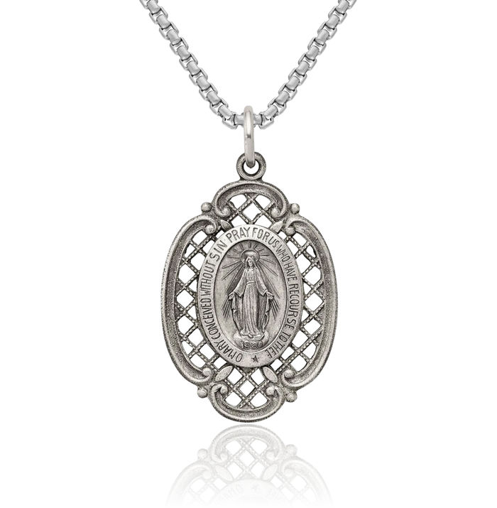 925 Sterling Silver Vintage Our Lady of Miraculous Medal Blessed Virgin Mary Necklace Chain Pendant Charm