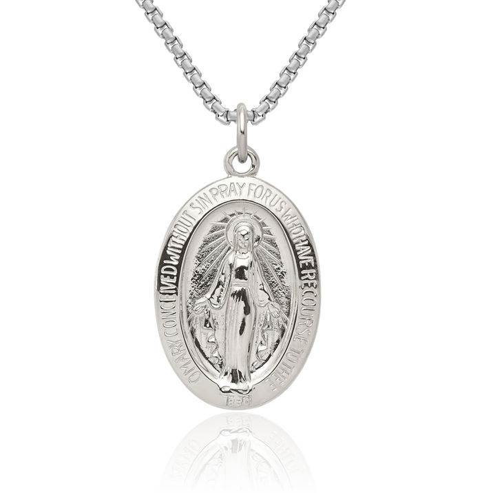 925 Sterling Silver Our Lady of Miraculous Medal Blessed Virgin Mary Necklace Chain Pendant Charm