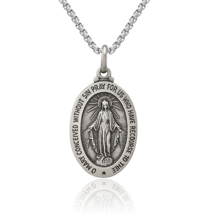 925 Sterling Silver Vintage Our Lady of Miraculous Medal Blessed Virgin Mary Necklace Chain Pendant Charm