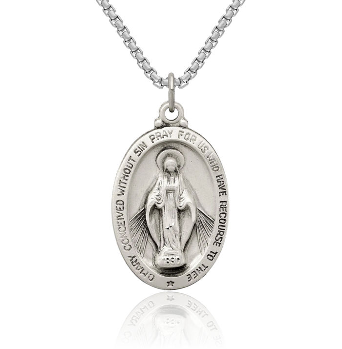 925 Sterling Silver Vintage Our Lady of Miraculous Medal Blessed Virgin Mary Necklace Chain Pendant Charm