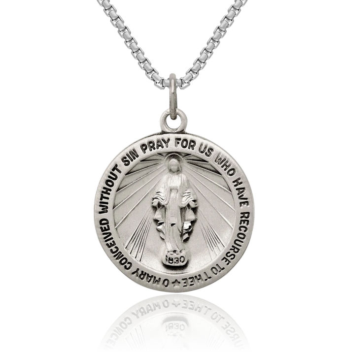 925 Sterling Silver Vintage Our Lady of Miraculous Medal Blessed Virgin Mary Necklace Chain Pendant Charm