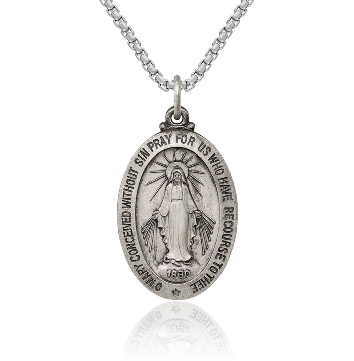 925 Sterling Silver Vintage Our Lady of Miraculous Medal Blessed Virgin Mary Necklace Chain Pendant Charm