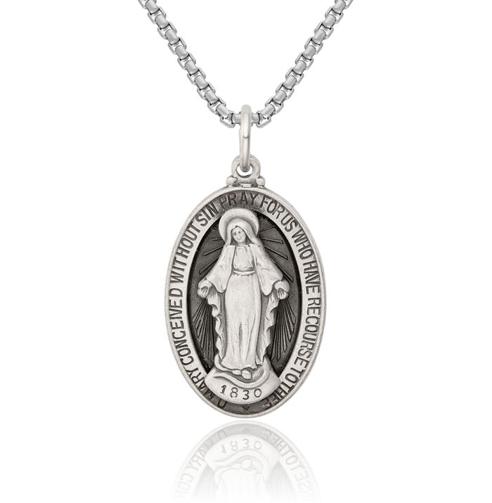 925 Sterling Silver Vintage Our Lady of Miraculous Medal Blessed Virgin Mary Necklace Chain Pendant Charm