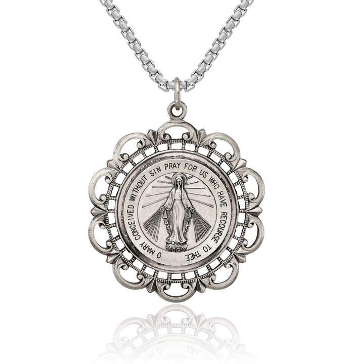 925 Sterling Silver Vintage Our Lady of Miraculous Medal Blessed Virgin Mary Necklace Chain Pendant Charm
