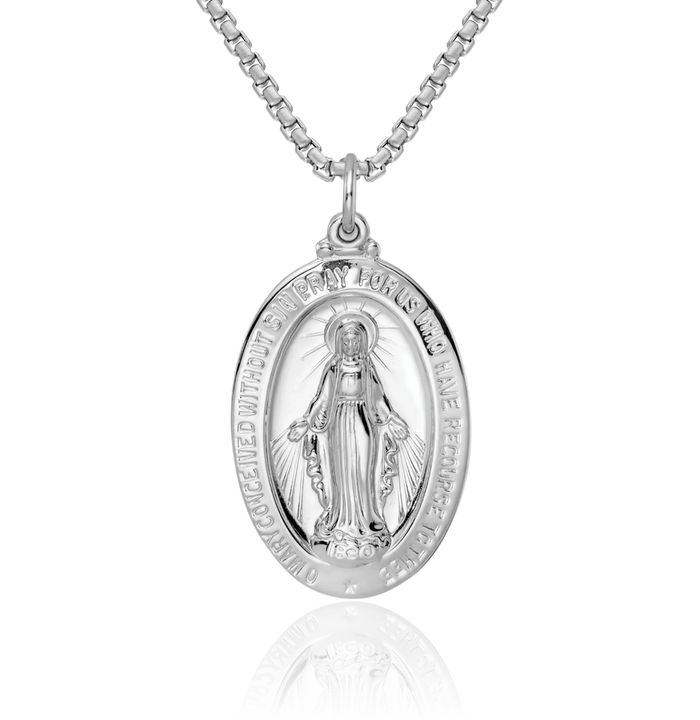 925 Sterling Silver Our Lady of Miraculous Medal Blessed Virgin Mary Necklace Chain Pendant Charm