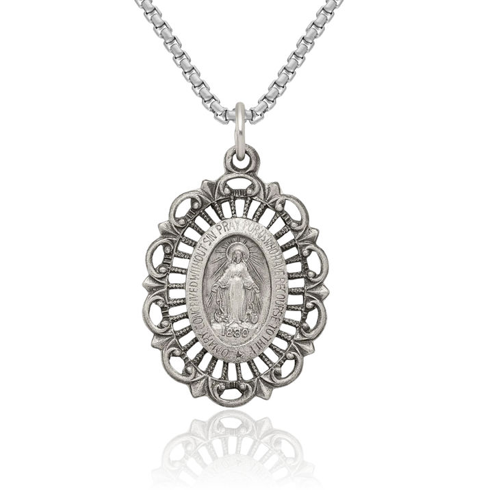 925 Sterling Silver Vintage Our Lady of Miraculous Medal Blessed Virgin Mary Necklace Chain Pendant Charm