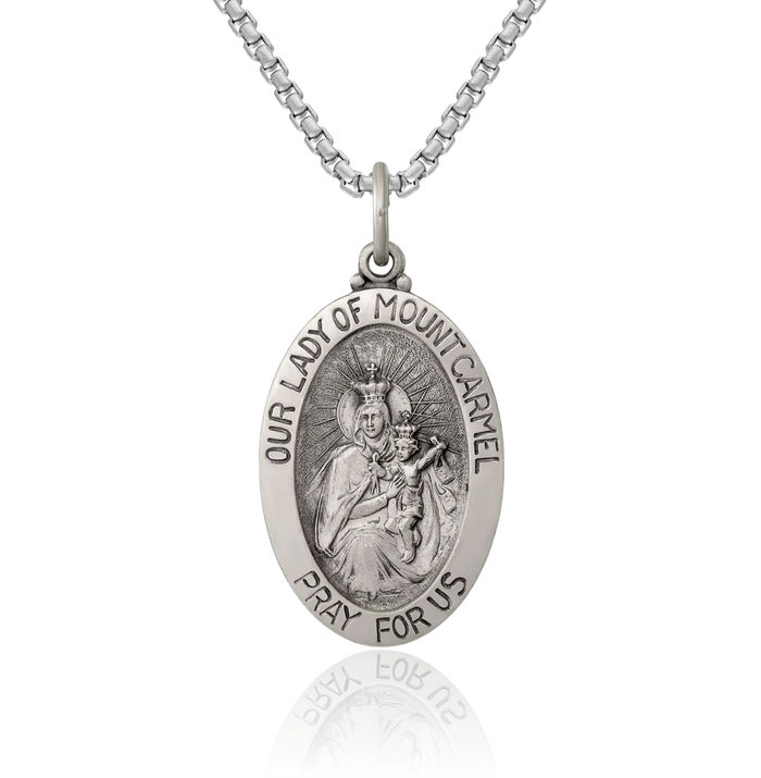 925 Sterling Silver Vintage Our Lady of Mount Carmel Medal Necklace Chain Pendant Charm