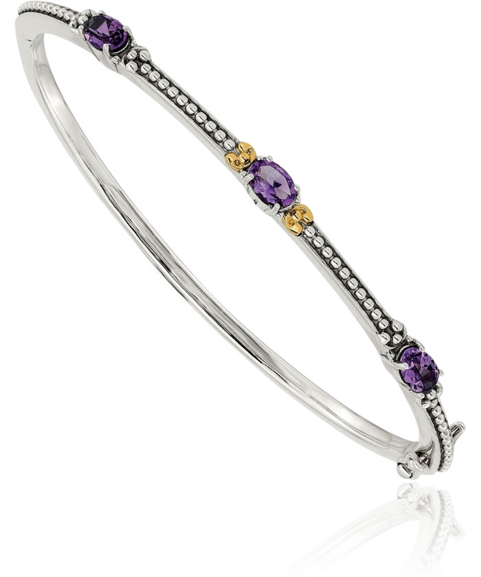 925 Sterling Silver Vintage Oval Purple Amethyst Gemstone Bangle Bracelet