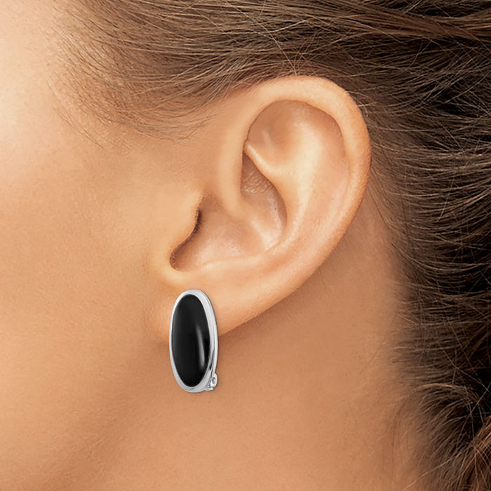 925 Sterling Silver Black Onyx Non Pierced Clip On Oval Stud Earrings