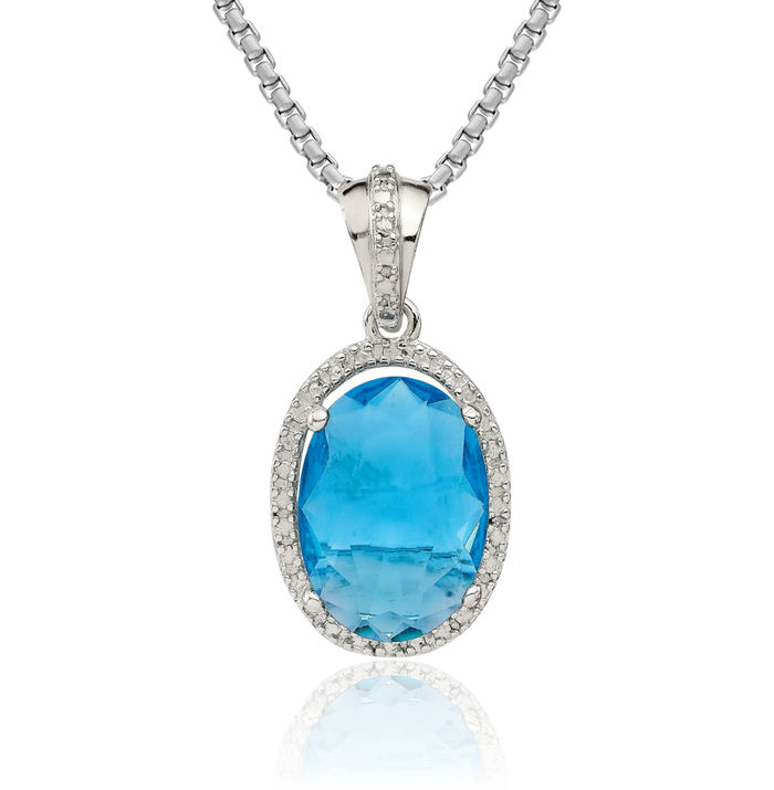 925 Sterling Silver Oval Blue Cubic Zirconia CZ Necklace Chain Pendant Charm