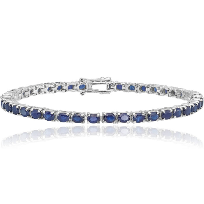 925 Sterling Silver Oval Blue Sapphire Chain Gemstone Tennis Bracelet