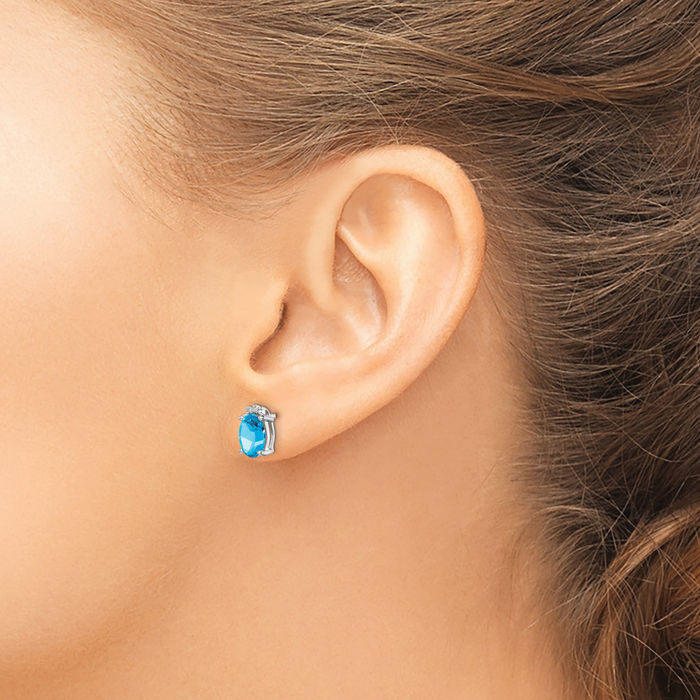 925 Sterling Silver Oval Swiss Blue Topaz Diamond Stud Earrings