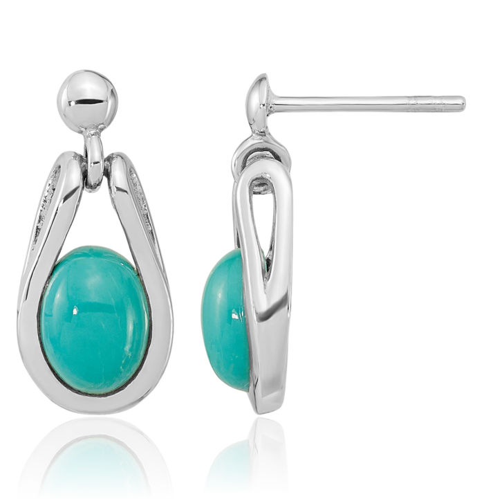 925 Sterling Silver Oval Chinese Blue Turquoise Drop Dangle Earrings