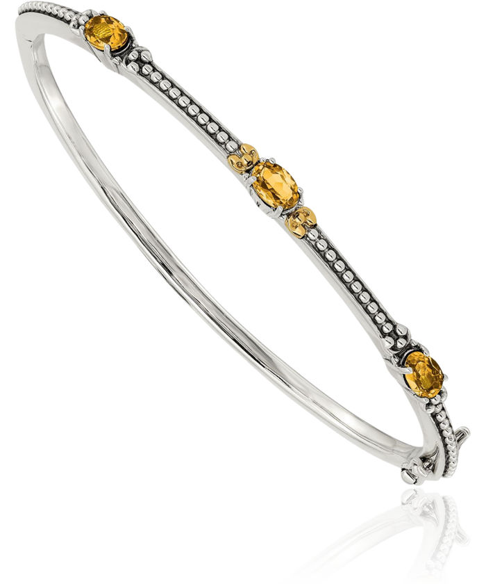 925 Sterling Silver Vintage Oval Yellow Orange Citrine Gemstone Bangle Bracelet