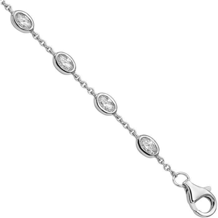 925 Sterling Silver Oval Cubic Zirconia CZ 11 Station Chain Bracelet