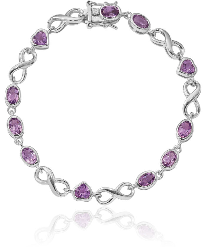 925 Sterling Silver Oval Heart Purple Amethyst Chain Tennis Charm Bracelet