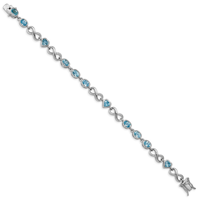 925 Sterling Silver Oval Heart Swiss Blue Topaz Chain Tennis Charm Bracelet