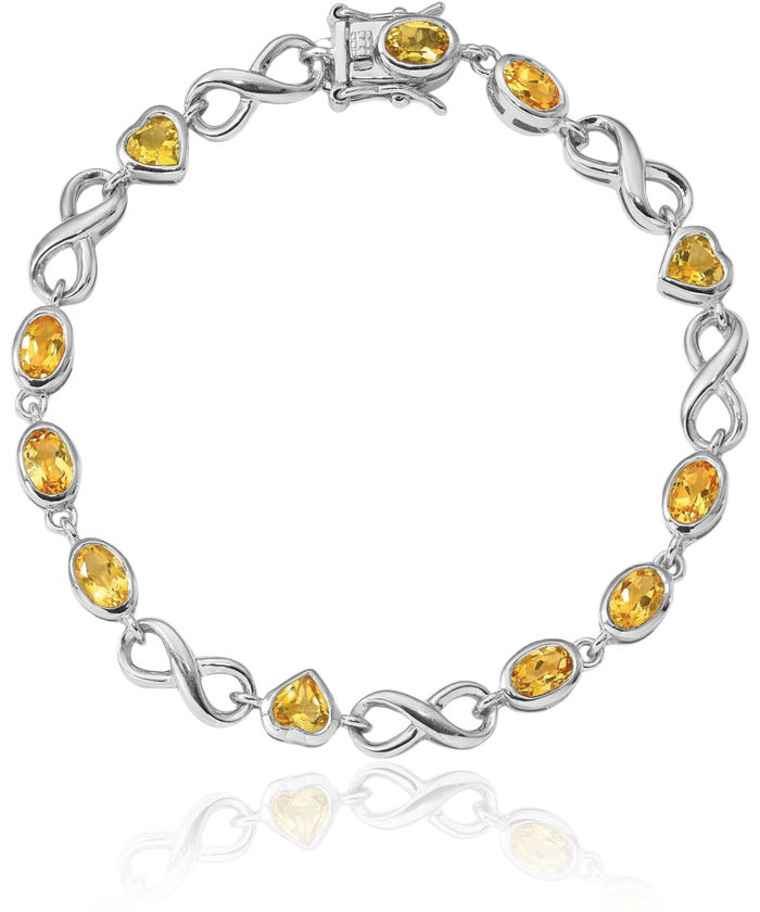 925 Sterling Silver Oval Heart Yellow Orange Citrine Chain Tennis Charm Bracelet