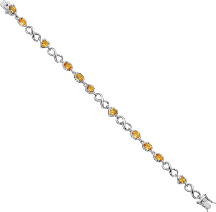 925 Sterling Silver Oval Heart Yellow Orange Citrine Chain Tennis Charm Bracelet