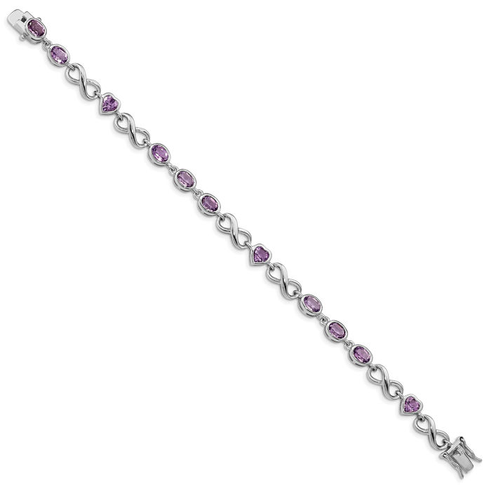 925 Sterling Silver Oval Heart Purple Amethyst Chain Tennis Charm Bracelet