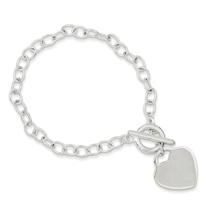 925 Sterling Silver Oval Link Engraveable Heart Chain Charm Bracelet