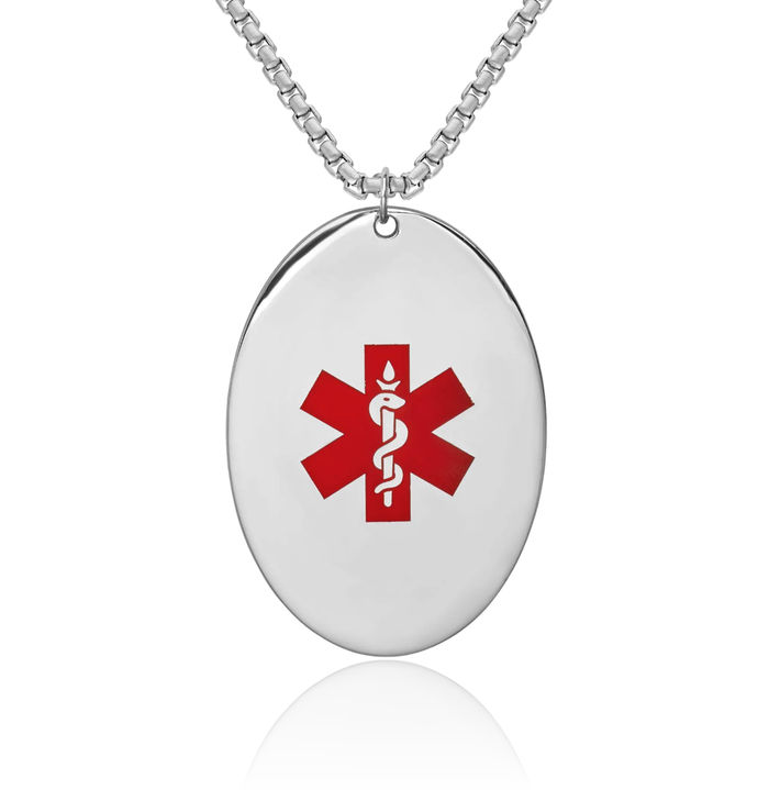 925 Sterling Silver Oval Medical Alert Necklace Chain Pendant Charm