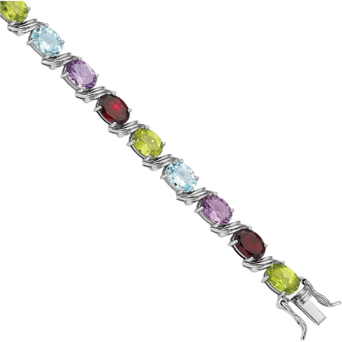 925 Sterling Silver Oval Multi-color Rainbow Gemstone Tennis Bracelet