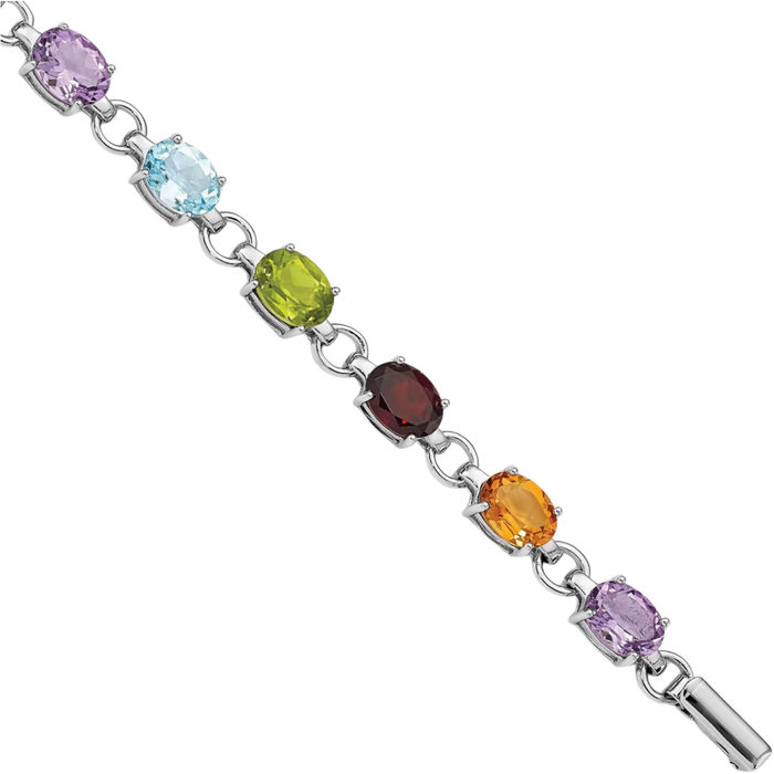 925 Sterling Silver Oval Multi-color Rainbow Gemstone Tennis Bracelet