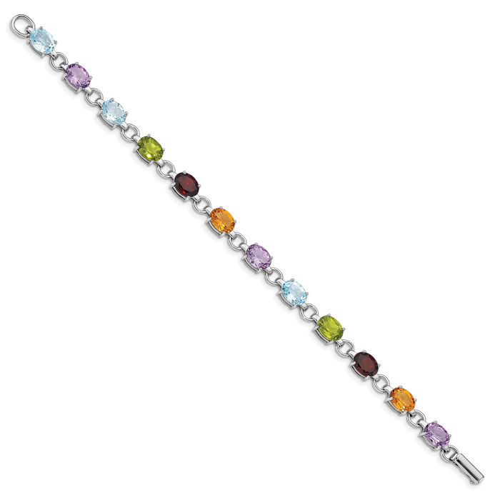 925 Sterling Silver Oval Multi-color Rainbow Gemstone Tennis Bracelet