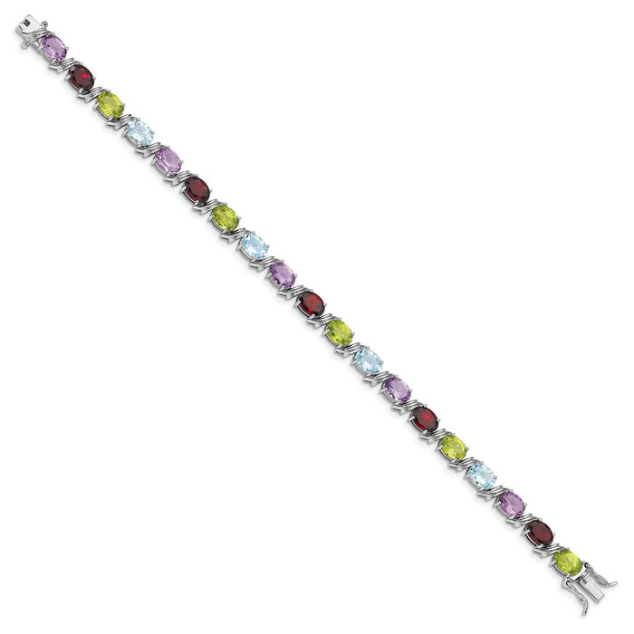 925 Sterling Silver Oval Multi-color Rainbow Gemstone Tennis Bracelet