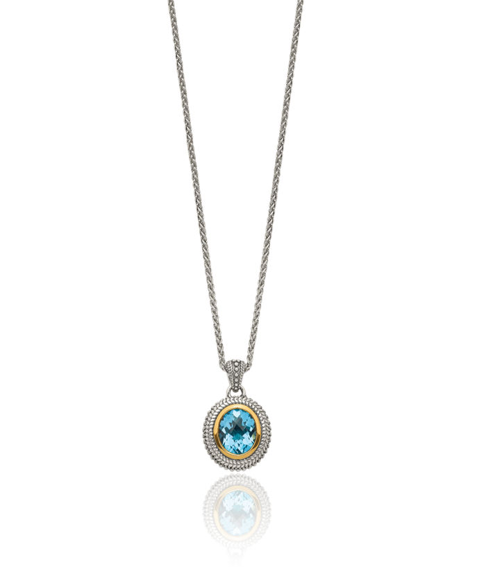 925 Sterling Silver Vintage Oval Swiss Blue Topaz Chain Necklace Gemstone Pendant Charm
