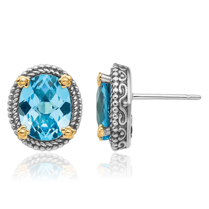925 Sterling Silver Vintage Oval Swiss Blue Topaz Stud Earrings