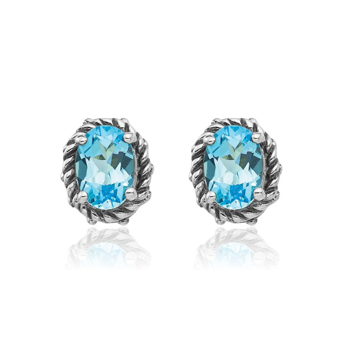 925 Sterling Silver Vintage Oval Swiss Blue Topaz Studs Gemstone Earrings