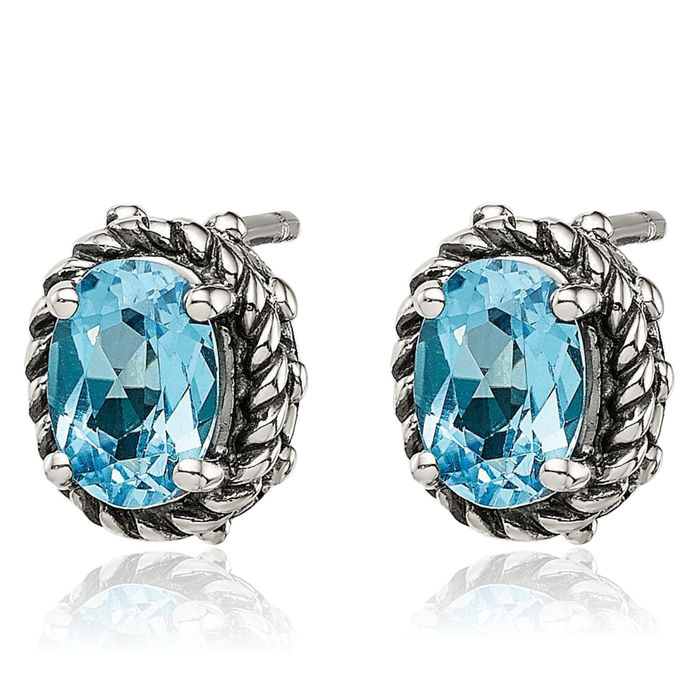 925 Sterling Silver Vintage Oval Swiss Blue Topaz Studs Gemstone Earrings