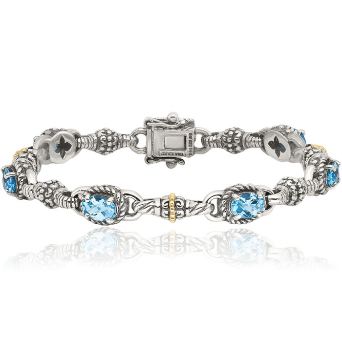 925 Sterling Silver Vintage Oval Swiss Blue Topaz Chain Gemstone Tennis Bracelet