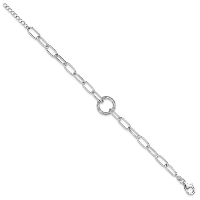 925 Sterling Silver Paperclip Link Cubic Zirconia CZ Circle Round Chain Bracelet