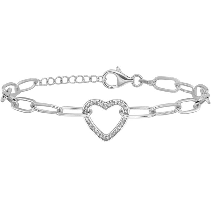 925 Sterling Silver Paperclip Link Cubic Zirconia CZ Heart Chain Charm Bracelet