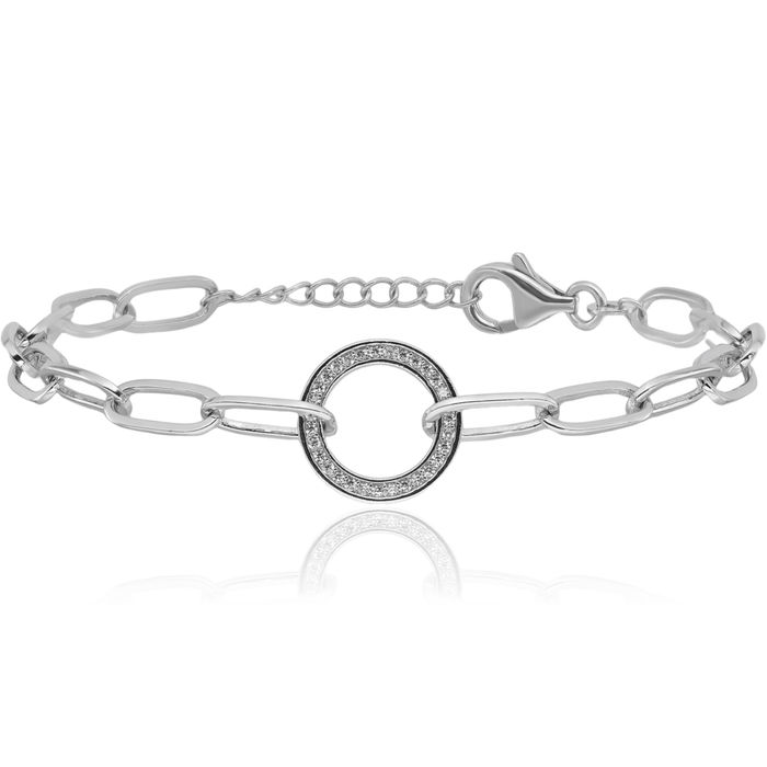 925 Sterling Silver Paperclip Link Cubic Zirconia CZ Circle Round Chain Bracelet